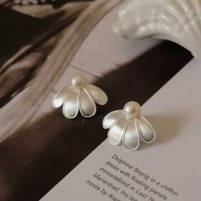 Pearl Silver Flower Stud Earrings
